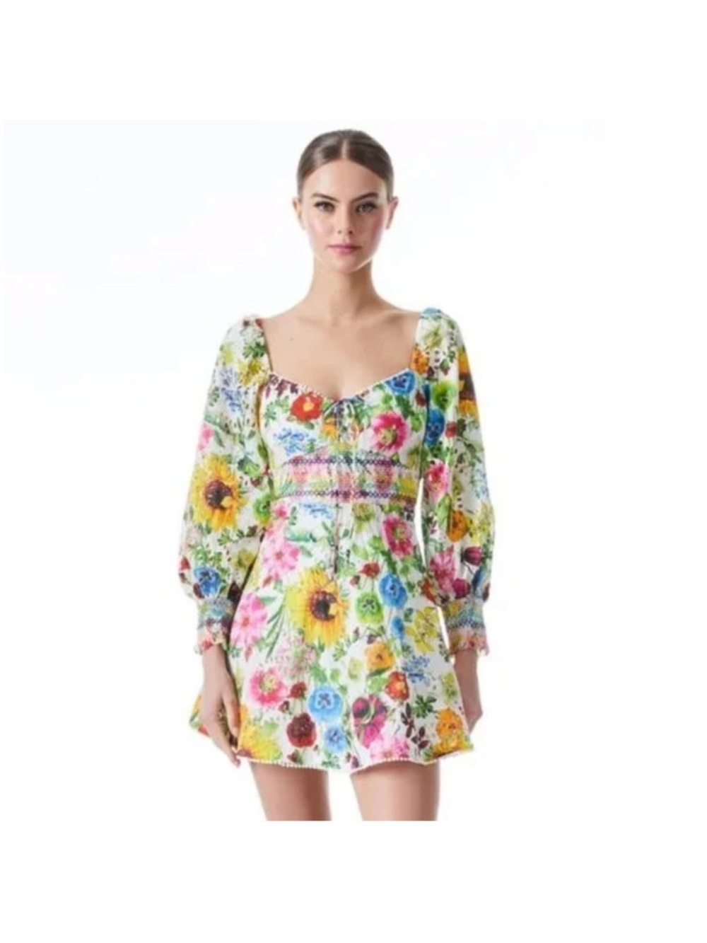 Alice + Olivia Floral Puff-Sleeve Mini Dress in White with Multicolor Blooms